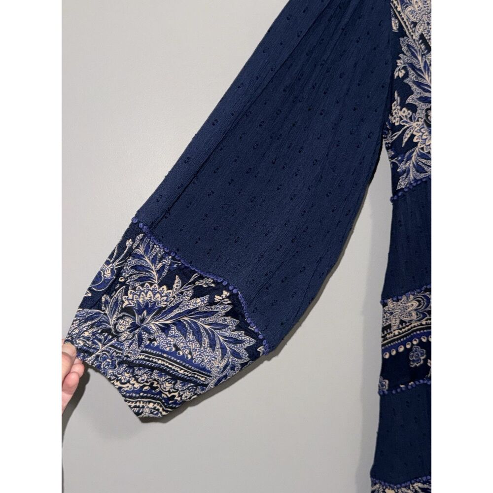 Free People My‎ Love Mini Dress Boho Hippie Balloon Sleeve Blue Floral Patch XS - Picture 5 of 16